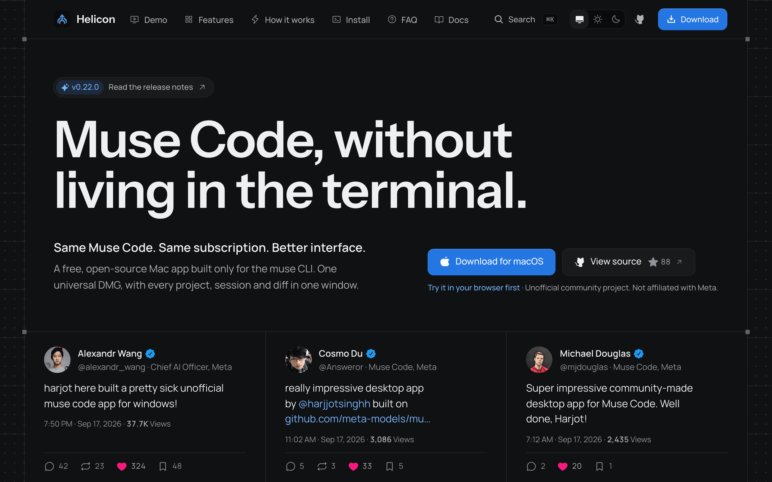 Screenshot of Helicon (dark mode)
