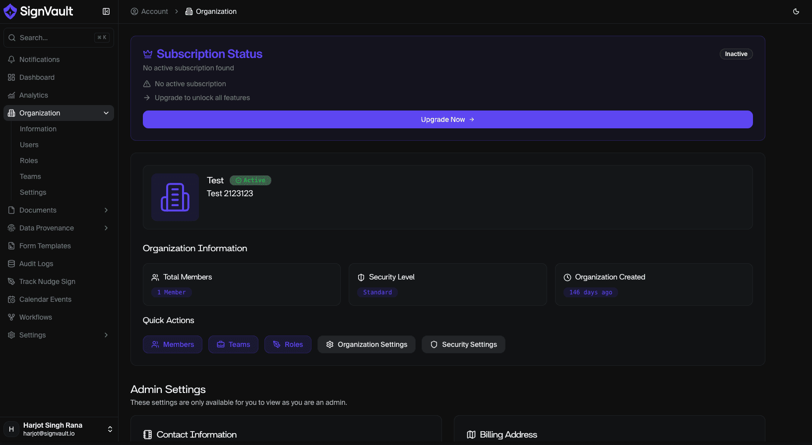 Screenshot of SignVault.io (dark mode)